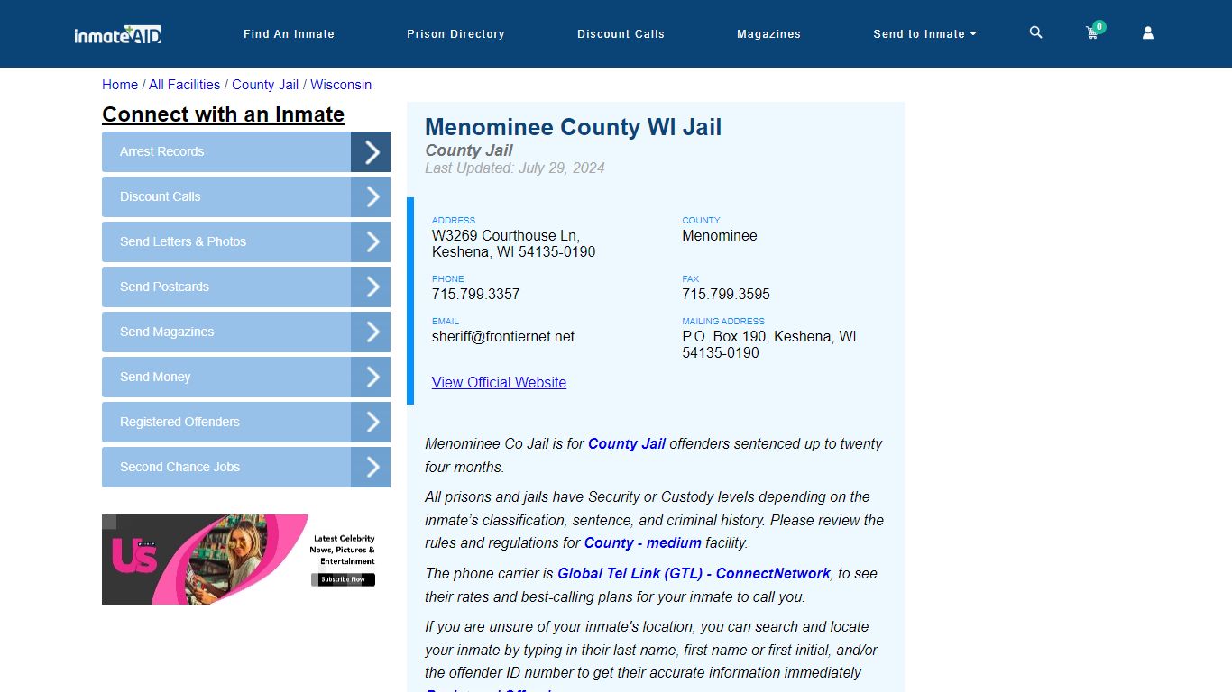 Menominee County WI Jail - Inmate Locator